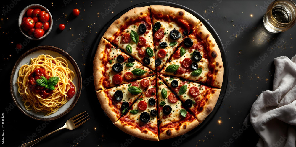 Tasty salami pizza with mozzarella and basil