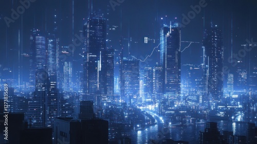 Wallpaper Mural Futuristic cityscape at night with glowing data streams. Torontodigital.ca