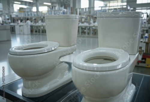 Toilet manufacturing facility. Quality control inspection of white ceramic toilets on production line in modern sanitary ware manufacturing plant.