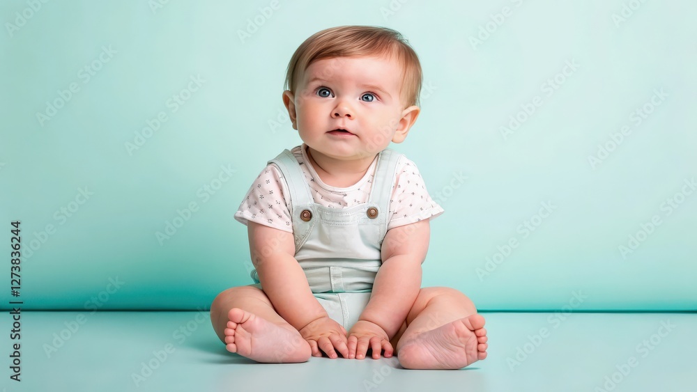 a cute baby sitting and looking up with a curious expression. The baby is dressed in a light-colored outfit a cute baby sitting and looking up with a curious expression. The baby is dressed in a light-colored outfit