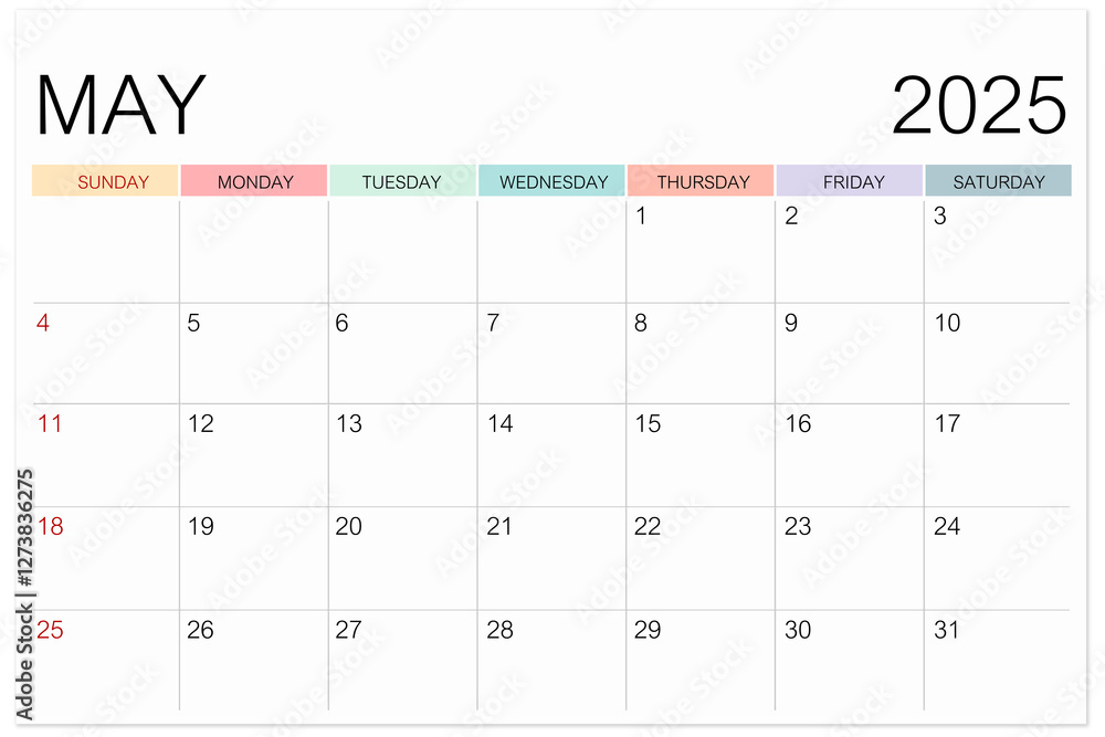 Calendar May 2025 page isolated on white background, Save clipping path.