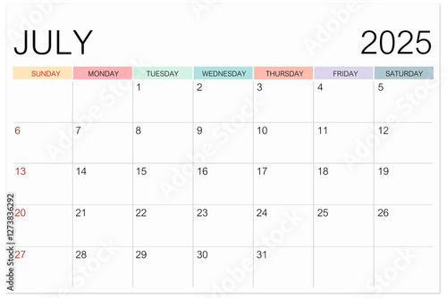 Wallpaper Mural Calendar July 2025 page isolated on white background, Save clipping path. Torontodigital.ca