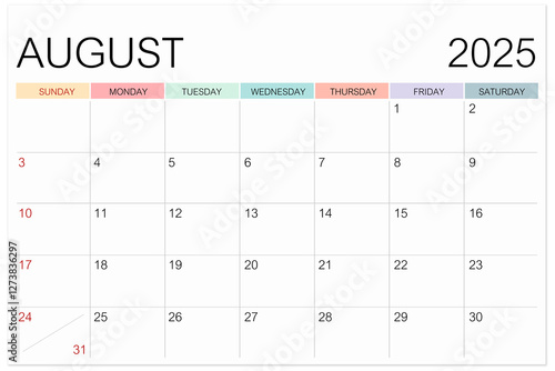 Wallpaper Mural Calendar August 2025 page isolated on white background, Save clipping path. Torontodigital.ca