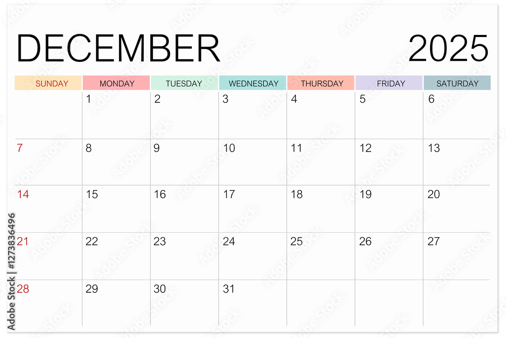 custom made wallpaper toronto digitalCalendar December 2025 page isolated on white background, Save clipping path.