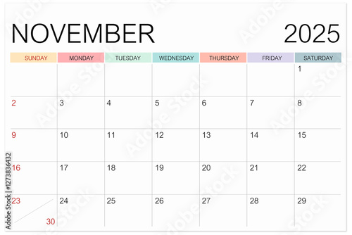 Wallpaper Mural Calendar November 2025 page isolated on white background, Save clipping path. Torontodigital.ca