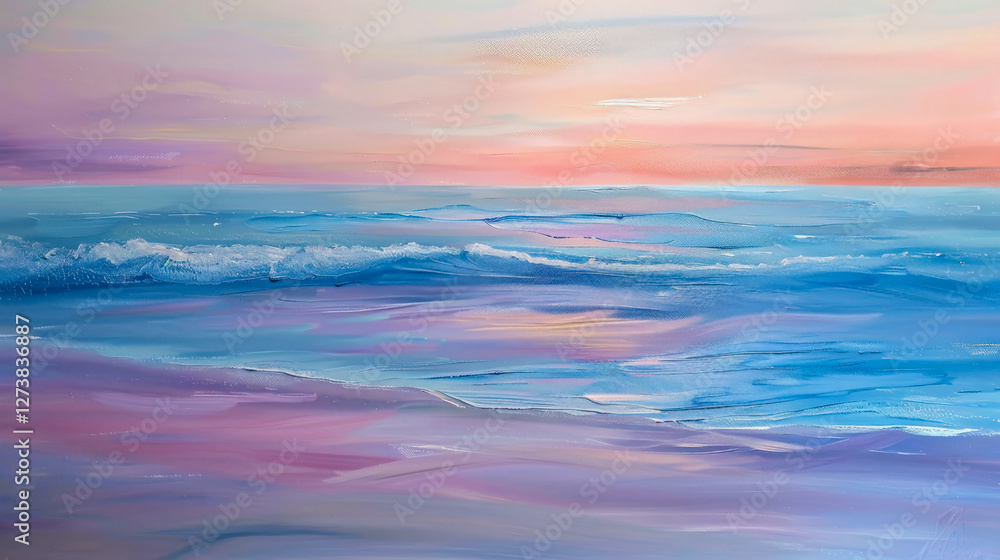 Obraz premium Beachscape on sunrise. Serene beauty of pastel-hued, pink and purple tones, where gentle waves roll onto the sand under tranquil sunrise. Perfect for evoking calm and inspiration. Copy space for text