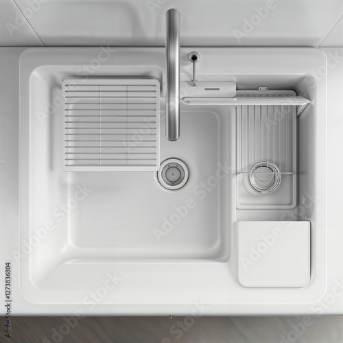 Minimalist kitchen sink. Top view of modern white kitchen sink with built-in drying rack and adjustable faucet, contemporary home design.