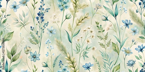 Serene Watercolor Botanical Print Featuring Delicate Blue and White Flowers, Lush Greenery, and Elegant Grasses on a Soft, Textured Background