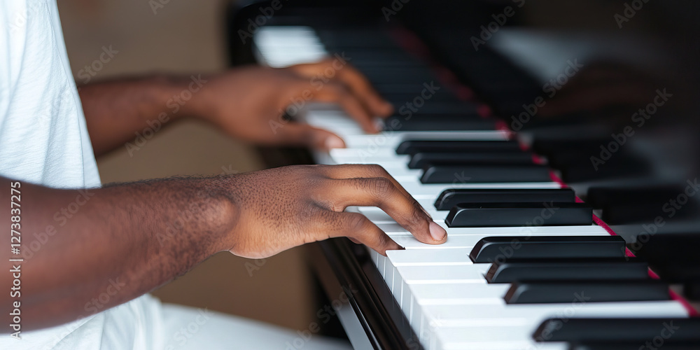 Obraz premium Close-up of Hands Playing Piano Keyboard
