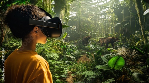 Fototapeta Naklejka Na Ścianę i Meble -  Girl in VR headset exploring virtual jungle with animals.
