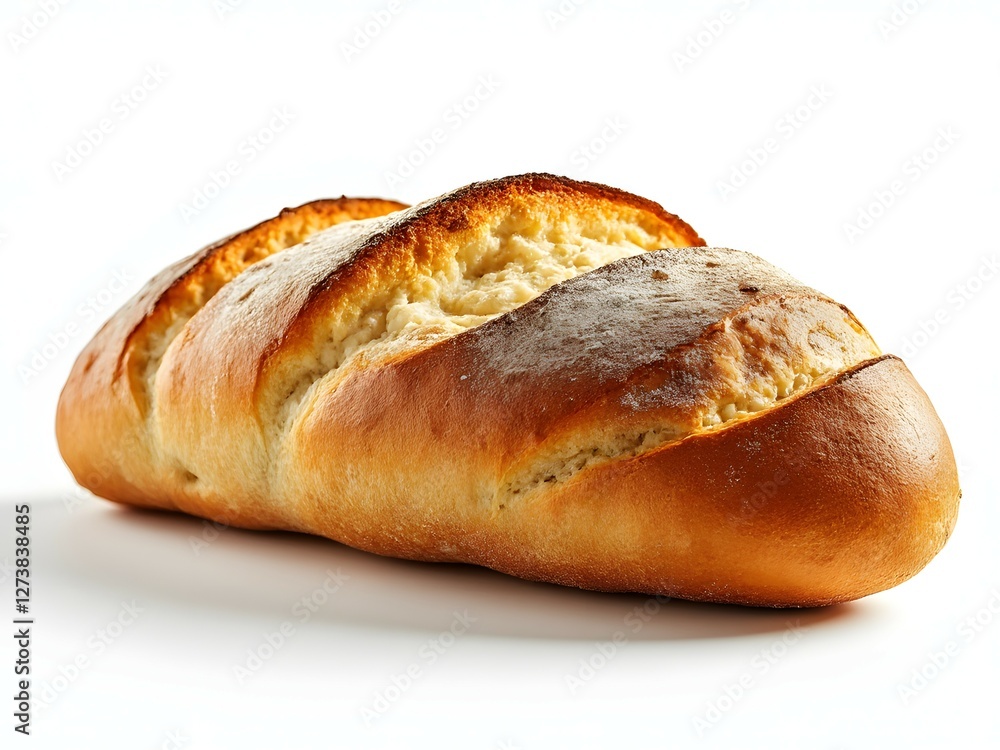 Rustic artisan bread with golden crust and deep cuts on white background. French bread side view, food photography Rustic artisan bread with golden crust and deep cuts on white background. French bread side view, food photography