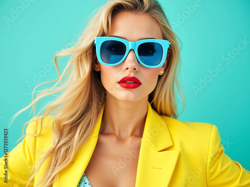 Wallpaper Mural Fashionable Woman in Oversized Blue Sunglasses & Yellow Jacket – Modern, Bold, High-Fashion Look with Vibrant Colors, Red Lipstick, and Turquoise Background – Trendy, Elegant, and Confident Aesthetic Torontodigital.ca