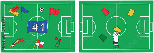 Set of football vector icons, fan paraphernalia and flags for the football championship in doodle style. Football cards. Hand of a football referee holding a yellow card. Set of cards of different
