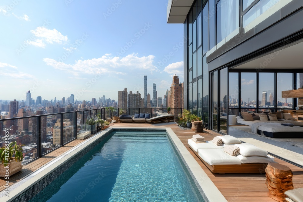 Fototapeta premium Luxury rooftop swimming pool overlooking manhattan skyline