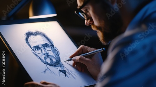 Detective sketching a suspect’s likeness on paper. Featuring deduction and creativity