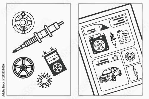  Car engine repair icons, technical diagrams, automotive parts, black and white illustrations, minimalist design, mechanical symbols, vehicle maintenance guide, service manual aesthetic, schematic d