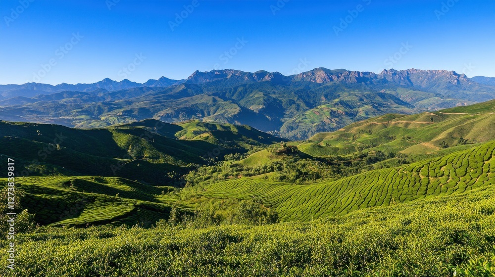 Naklejka premium Verdant Tea Plantations Nestled Among Majestic Mountains