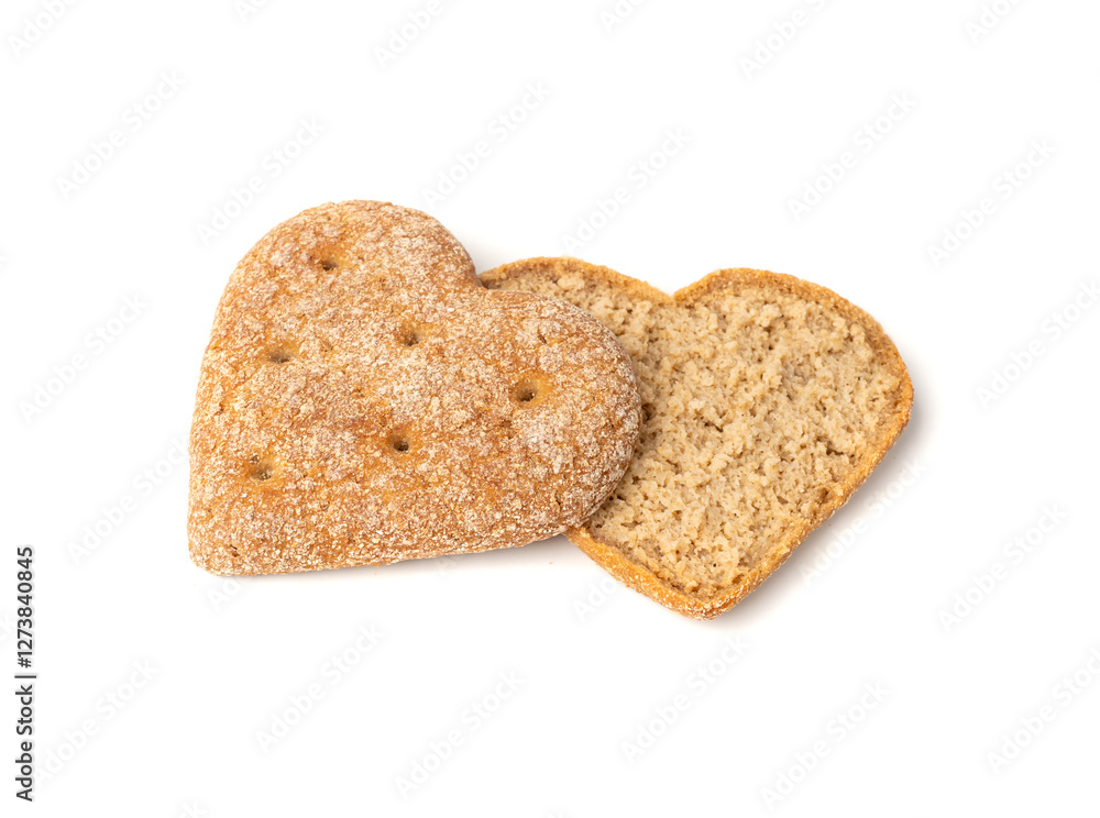 Oatmeal Bun in the Shape of a Heart Isolated, Gluten Free Flat Finnish Bread Roll Oatmeal Bun in the Shape of a Heart Isolated, Gluten Free Flat Finnish Bread Roll