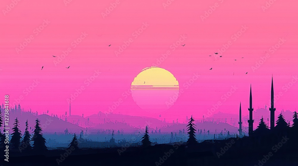 Obraz premium Vibrant Pink Sunset Over Silhouette Forest and Hillscape