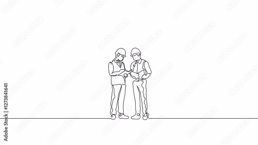 Hand-Drawn One-Line Contractor Animation | Minimalist Line Art | Continuous Outline Drawing Two Young Architect Explaining Building Design Blueprint to Contractor | Business Concept. Hand-Drawn One-Line Contractor Animation | Minimalist Line Art | Continuous Outline Drawing Two Young Architect Explaining Building Design Blueprint to Contractor | Business Concept.