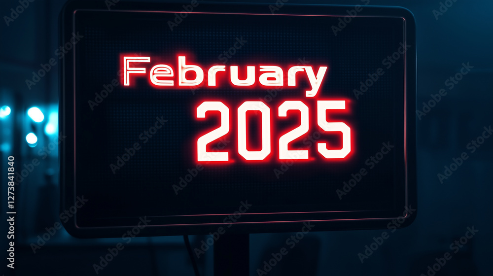 Obraz premium A crisp, clean digital screen displaying February 2025 in glowing neon font on a solid black background.