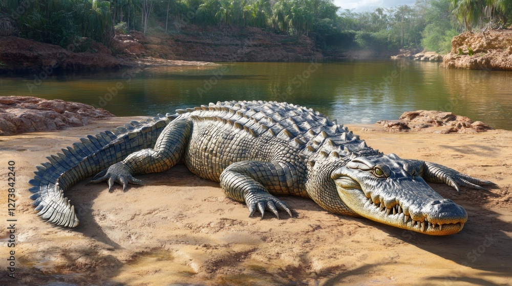 Giant Crocodile Resting Near Tropical Riverbank Giant Crocodile Resting Near Tropical Riverbank