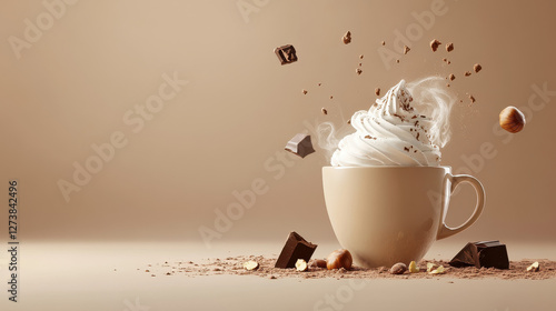 A minimalist composition of a steaming cup of hot chocolate with a swirl of whipped cream, surrounded by scattered hazelnuts and chocolate chunks photo