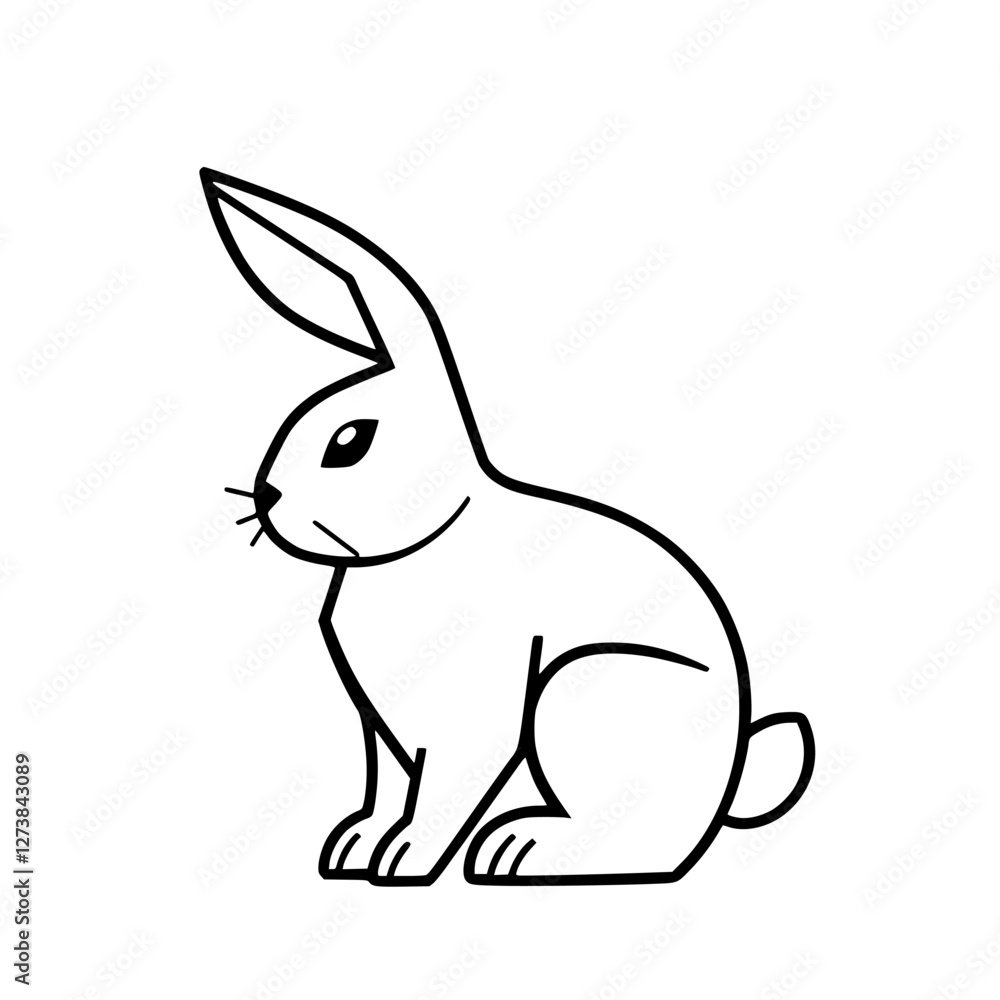 A simple, stylized illustration of a rabbit, facing left, white with black outlines, seated. The subject is positioned in profile, side view. A simple, stylized illustration of a rabbit, facing left, white with black outlines, seated. The subject is positioned in profile, side view.