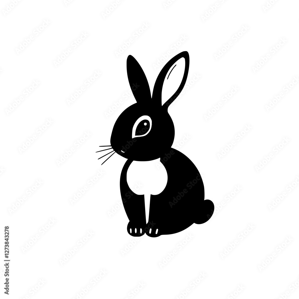 Fototapeta premium Black and white silhouette of a bunny sitting, with a white background.