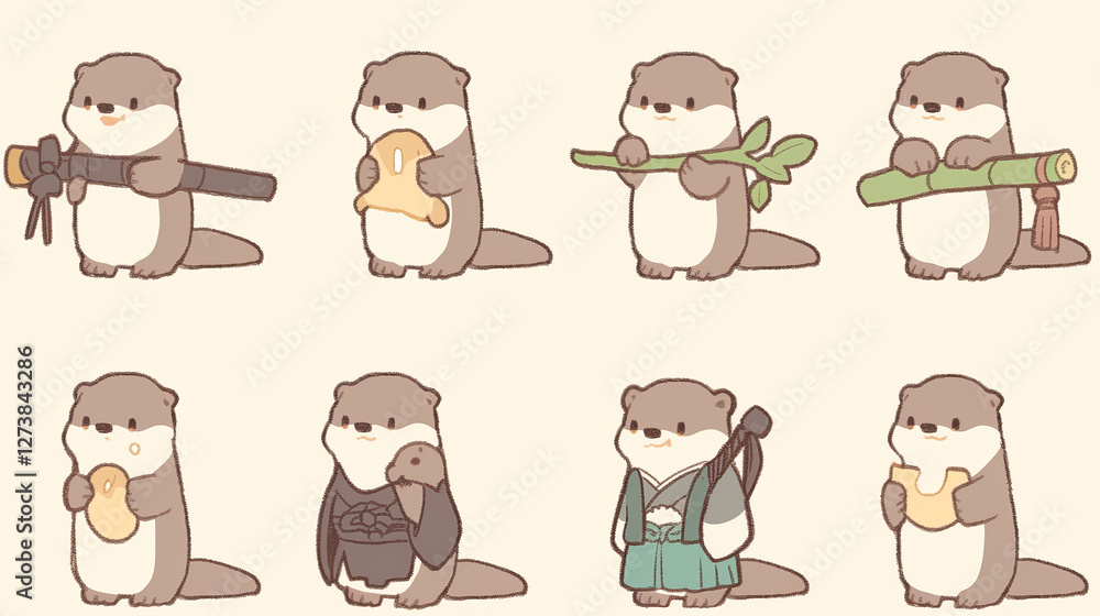 Fototapeta premium Cute otters holding various objects in playful poses, showcasing their charm and personality