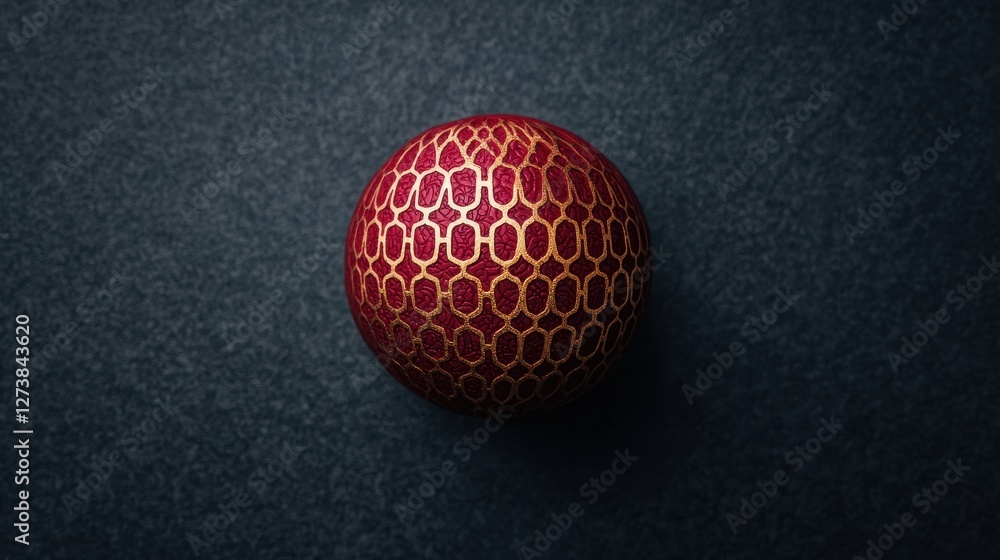 Close-Up of a Unique Textured Red and Gold Sphere on Dark Surface Close-Up of a Unique Textured Red and Gold Sphere on Dark Surface