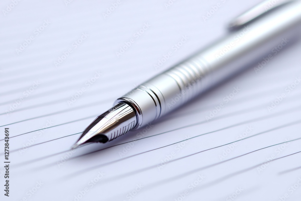 Elegant fountain pen lying on lined paper ready for writing Elegant fountain pen lying on lined paper ready for writing