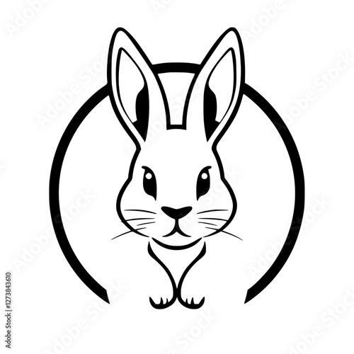 Modern rabbit head illustration, within a black circular frame, minimalist design.