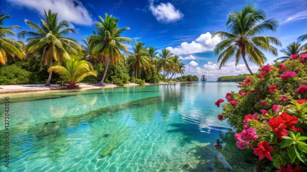Serene Tropical Lagoon with Palm Trees and Colorful Flowers Serene Tropical Lagoon with Palm Trees and Colorful Flowers