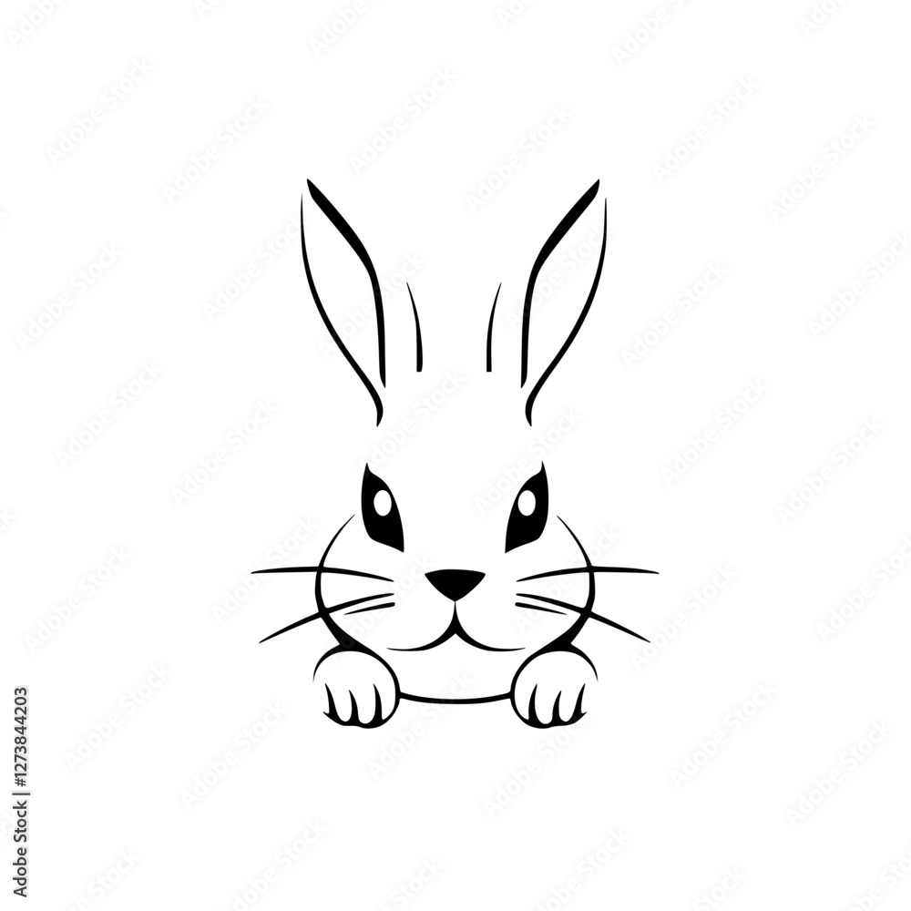 Fototapeta premium Black-and-White Bunny: Minimalist Line Drawing of a Rabbit with Large Ears, Whiskers, and Paws, in a Clean White Background.