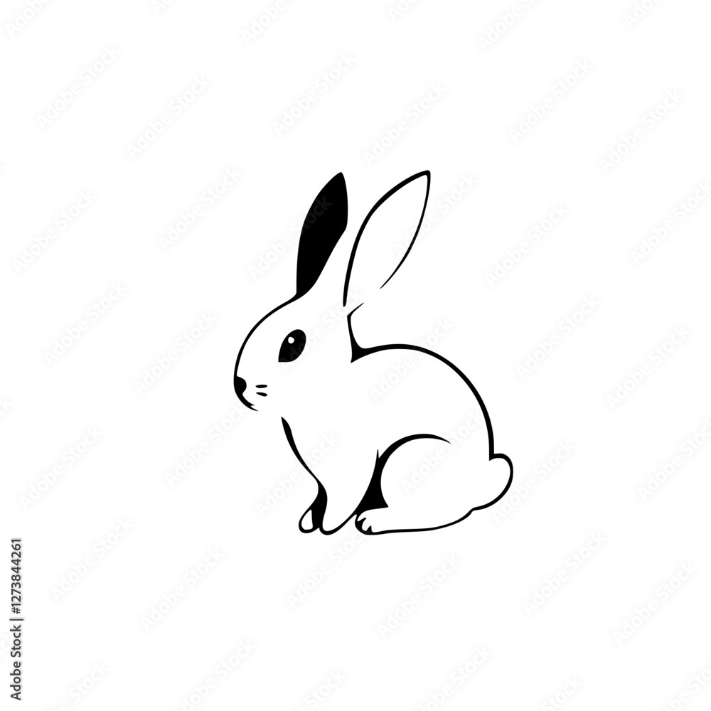 Minimalist illustration of a rabbit, black ink silhouette against a white background.