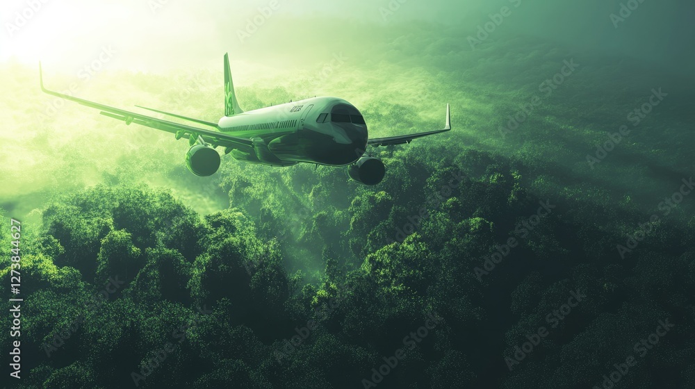 Fototapeta premium Environmental aviation concept with a commercial airliner cruising over a lush forest, highlighted with glowing green accents