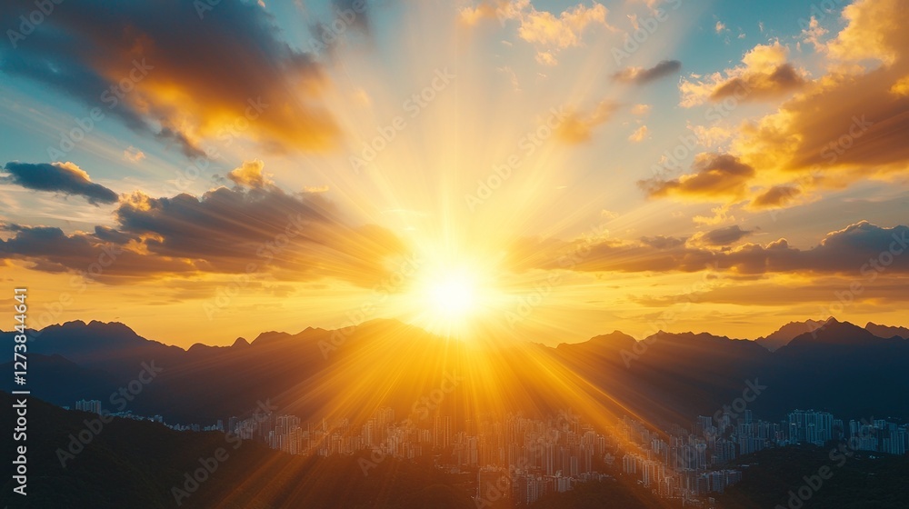Obraz premium Career profession balance. A breathtaking sunrise illuminates the sky with vibrant hues, casting rays of light over mountains and a landscape below.