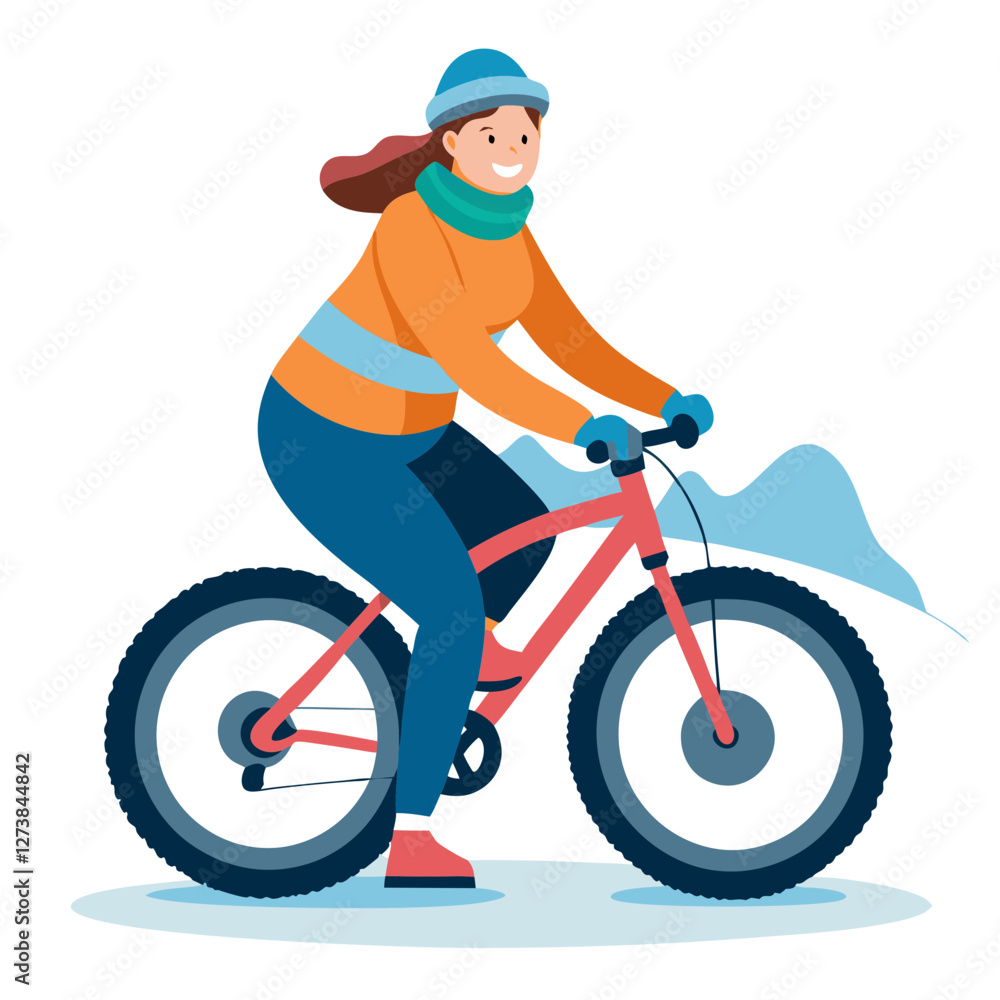 Naklejka premium A woman rides a mountain bike equipped with fat tires, navigating through a snowy winter landscape. She wears warm clothing, showcasing her enjoyment of the outdoor adventure