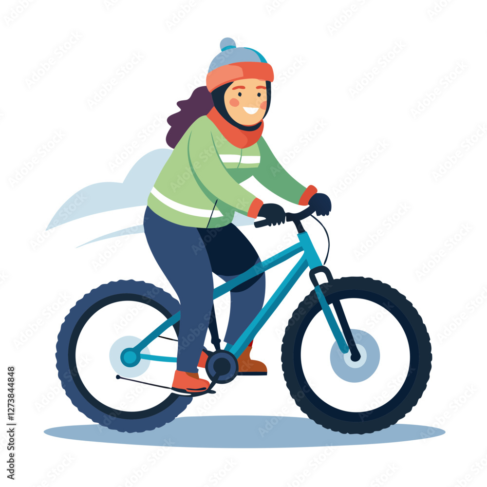 Fototapeta premium A woman enthusiastically rides a mountain bike equipped with fat tires through a winter landscape. She is dressed warmly, ready to embrace the cold and explore the snowy terrain