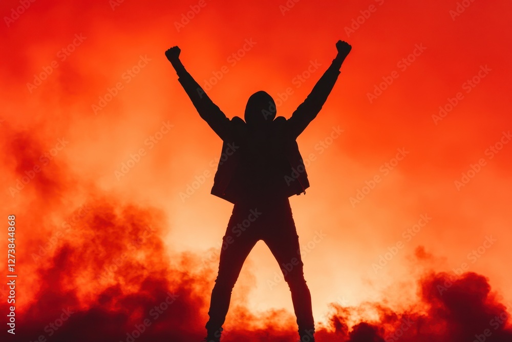 Triumphant figure silhouetted vibrant red sky