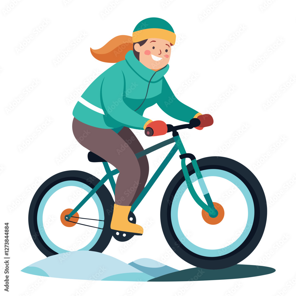 Fototapeta premium A woman enjoys riding her mountain bike equipped with fat tires, navigating through snowy terrain in a winter landscape. The cold weather adds to the adventure