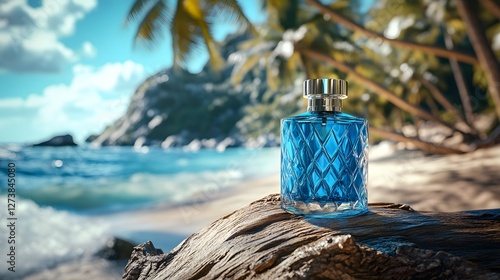 Serene Beach Setting Featuring a Sapphire Blue Perfume Bottle Amidst Lush Palm Trees and Gentle Waves