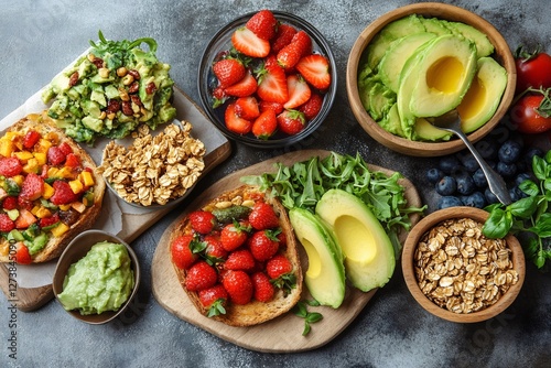 Healthy breakfast or brunch with toast, granola, avocado, berries and guacamole