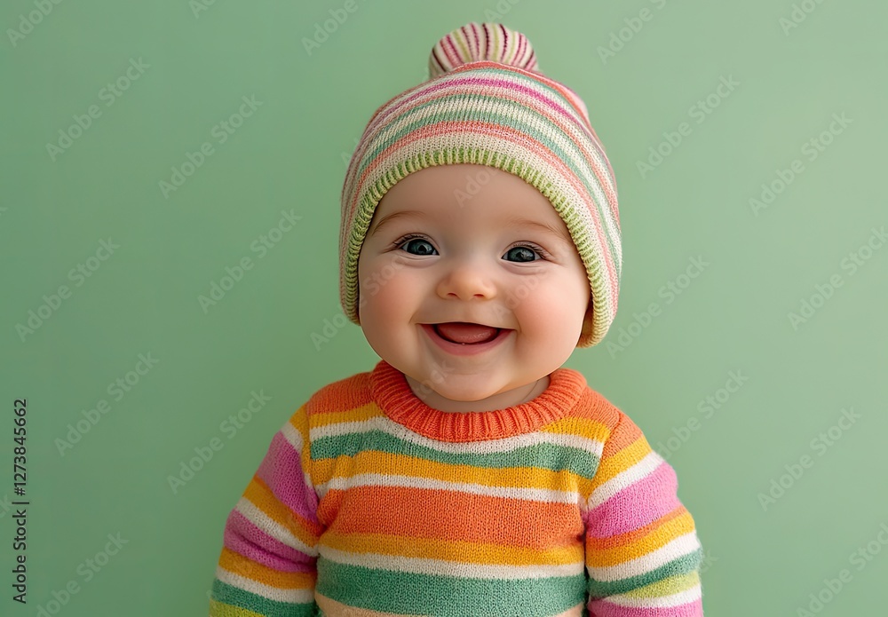 Cute, happy, smiling baby in a sweater and hat, laughing on a pastel green background Cute, happy, smiling baby in a sweater and hat, laughing on a pastel green background