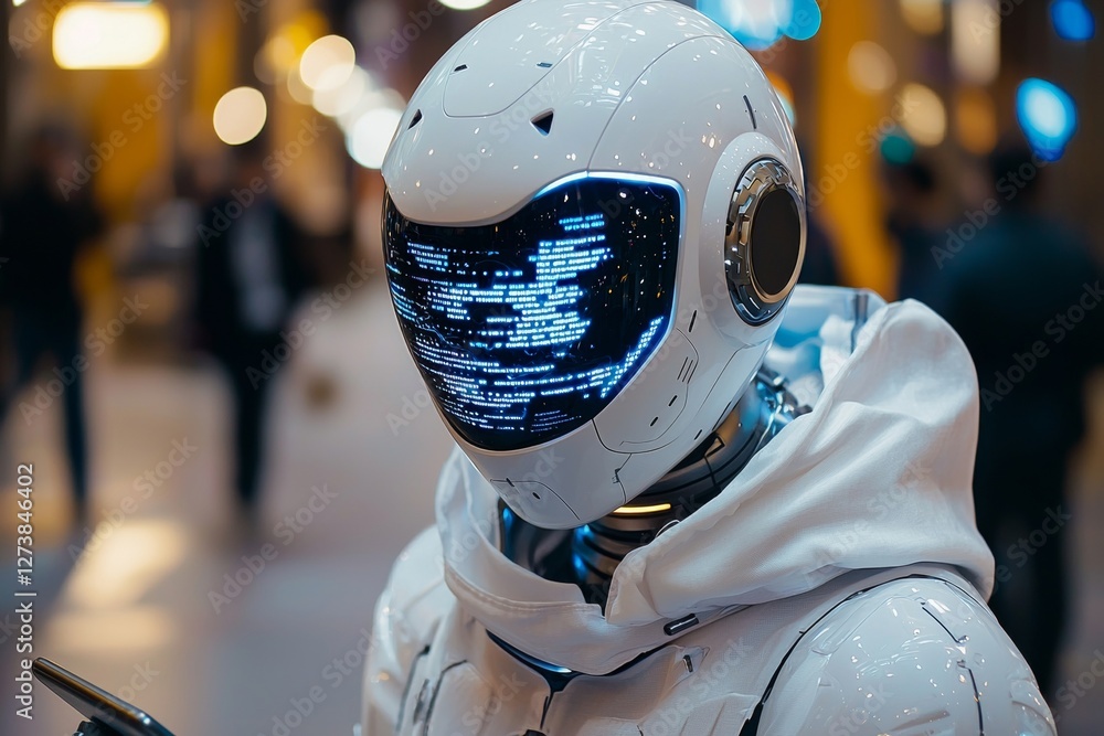 Fototapeta premium Futuristic robot in urban night setting