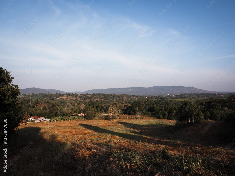 Obraz premium Mountain view, wide meadow in winter, moody style image.