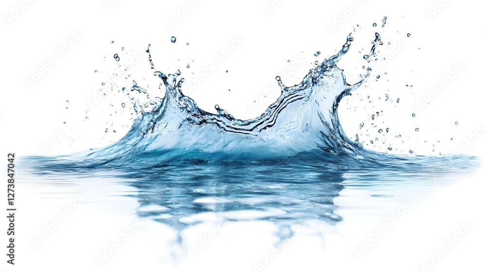 Captivating water splash with dynamic movement and reflection against a clean white background Captivating water splash with dynamic movement and reflection against a clean white background