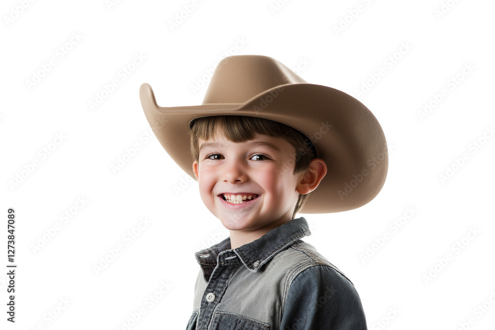 young Caucasian boy in cowboy hat smiling isolated on transparent white background young Caucasian boy in cowboy hat smiling isolated on transparent white background