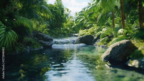 Serene wildwood scene with a flowing river surrounded by dense tropical jungle, perfect for spa, wellness, and eco-tourism concepts photo